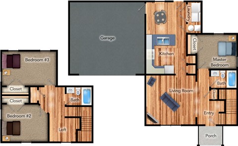 Floor plan for 3 beds, 2 baths